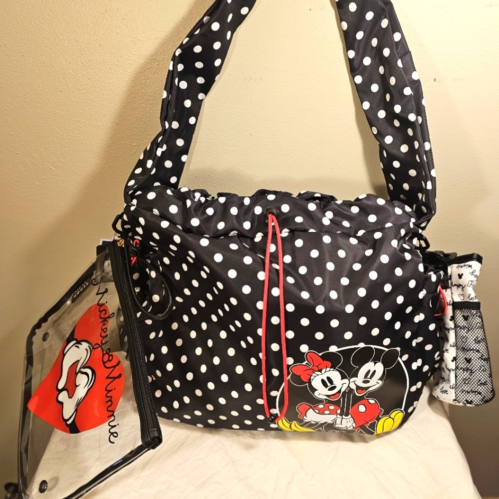 Disney MICKEY & MINNIE MOUSE  Crossbody LG TRAVEL TOTE BLACK PRINT Purse NEW TAG